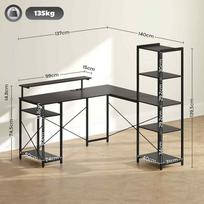 monitoriai su stovu - HOMCOM Kampinis rašomasis stalas L formos su 6 lentynomis, 137 x 140 x 139,5 cm, Juodas (Black) - 8 nuotrauka