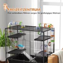 lentyna ratukais - PawHut Žiurkėnų narvelis su ratukais ir vamzdeliais, Juodas (Black) - 7 nuotrauka