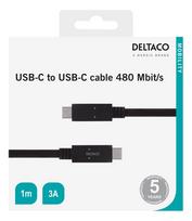 type 2 kabelis - DELTACO USB-C į USB-C, 480 Mbit/s, 3A, 1m,  juodas / USBC-2001M - 2 nuotrauka