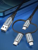 usb a to usb c male male - Vention CQJHF USB 2.0 A vyr. į 3-in-1 Micro-B, USB-C, Lightning laidas 1 m Pilkas (Gray) - 2 nuotrauka