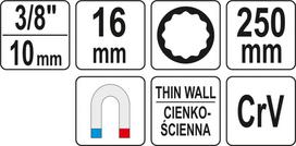 magnetines galvutes - Yato YT-38522, Prailginta galvutė žvakei 3/8" 16 mm (12-kamp) - 3 nuotrauka