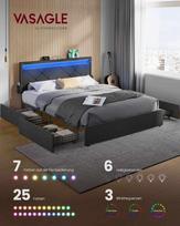 miegamojo lovos remas - Lova Songmics VASAGLE RMB828G02, šviesiai pilka (Light Grey), 160x200 cm, su LED ir stalčiais - 7 nuotrauka