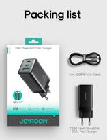 type c to usb - Joyroom JR-TG10 65W GaN 2xUSB-C + USB-A Sieninis Įkroviklis su 100W USB-C - USB-C 1.2m Laidas - Juodas (Black) - 2 nuotrauka