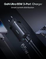 type c to usb - Joyroom JR-TG10 65W GaN 2xUSB-C + USB-A Sieninis Įkroviklis su 100W USB-C - USB-C 1.2m Laidas - Juodas (Black) - 3 nuotrauka