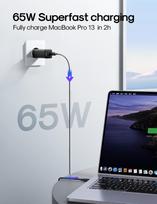 type c to usb - Joyroom JR-TG10 65W GaN 2xUSB-C + USB-A Sieninis Įkroviklis su 100W USB-C - USB-C 1.2m Laidas - Juodas (Black) - 4 nuotrauka