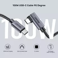 usb 100w laidas - Unitek USB-C kampinis kabelis 90° PD 100W 3m Juodas (Black) - 4 nuotrauka