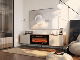 tv spinteles - Cama Meble ALMERA TV spintelė 180.5x42x52.5 Riešutmedžio/Kašmyro (Walnut/Cashmere) + Juodas (Black) židinys - 2 nuotrauka