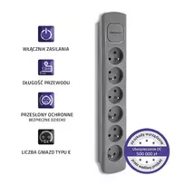 ilgintuvas rite - Qoltec 50277 Prailgintuvas 6 lizdų 1,8 m Pilkas (Grey) - 7 nuotrauka