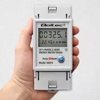 elektros skaitiklis - Qoltec 50979 Vienfazis elektroninis energijos suvartojimo skaitiklis DIN bėgiui, 230V, 60A, LCD, LED, 2P, RESET - 4 nuotrauka