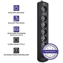 virsitampio - Ilgiklis Qoltec 50112, 6 lizdai, 3 m, Juodas (Black) - 6 nuotrauka