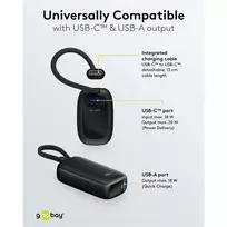 powerbank 20w - Goobay Power bank, 5000mAh, integruotas USB-C kabelis, 20W, juodas (black) - 2 nuotrauka