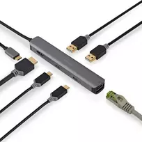 nesiojamu kompiuteriu laidai - Nedis USB Multi-Port-Adapteris USB 3.2 Gen1 6-in-1 - USB-C™ Stecker, HDMI™ Ausgang, RJ45 Buchse, 2x USB-A Buchse, 2x USB-C™, 5Gbps, grau - 4 nuotrauka