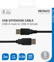 usb male to female - DELTACO USB 2.0 ilgintuvas, 2.0m, juodas / USB2-12S-K / 00140002 - 2 nuotrauka