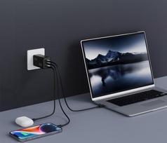 usb type c laidas - BlueStar VT-43 kelioninis įkroviklis GaN 4A 65W 2 x Type C + USB A PD QC4.0 Juodas (Black) - 7 nuotrauka