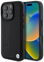 BMW Leather Hot Stamp dėklas skirtas Apple iPhone 16 Pro Juodas (Black)