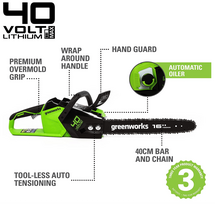 akumuliatorinio pjuklo akumuliatorius - Greenworks GD40CS18K4, 40 cm - 13 nuotrauka