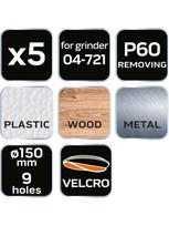 velcro padai - Šlifavimo diskai 150 mm, P60, 5 vnt, su 9 skylėmis 04-721 - 2 nuotrauka