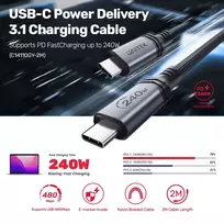ikrovimo kabelis type 2 - Unitek C14110GY-2M USB-C įkrovimo kabelis 240W 2 m Sidabro sp./Juoda sp. (Silver/Black) - 4 nuotrauka