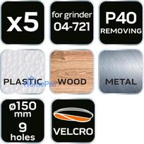 velcro padai - Šlifavimo diskai 150 mm, P40, 5 vnt, su 9 skylėmis 04-721 - 2 nuotrauka