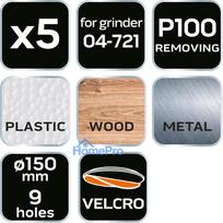 velcro padai - Šlifavimo diskai 150 mm, P100, 5 vnt, su 9 skylėmis 04-721 - 2 nuotrauka