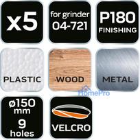 velcro padai - Šlifavimo diskai 150 mm, P180, 5 vnt, su 9 skylėmis 04-721 - 2 nuotrauka