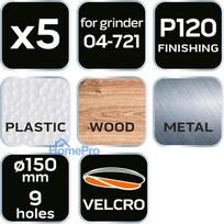 velcro padai - Šlifavimo diskai 150 mm, P120, 5 vnt, su 9 skylėmis 04-721 - 2 nuotrauka