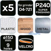 velcro padai - Šlifavimo diskai 150 mm, P240, 5 vnt, su 9 skylėmis 04-721 - 2 nuotrauka