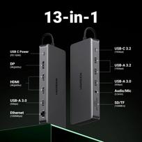 usb c hdmi - Ugreen HUB CM681 13in1 USB-C - 2x USB-A 3.2 / 2x USB-A 3.0 / 2x HDMI / DisplayPort / RJ45 / SD/TF / AUX / USB-C PD Juodas (Black) - 2 nuotrauka