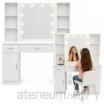 Lean Kosmetinis staliukas su LED veidrodžiu, spintelėmis ir stalčiais, baltas (White), 141x114x39 cm