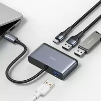 usa adapteriai - USAMS šakotuvas HUB 4in1 2xUSB 2.0/USB 3.0/ USB-C pilkos spalvos SJ627HUB01 (US-SJ627) - 4 nuotrauka