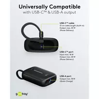 10000mah power bank - Goobay 76251, 10000mAh, 20W, integruotas USB-C kabelis, juodas - 2 nuotrauka