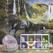 Fototapetas - Horse on the background of sky-blue waterfall